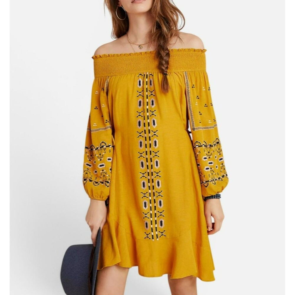 Anthropologie Ranna Gill Grette Embroidered Tunic Dress Mustard Boho Small